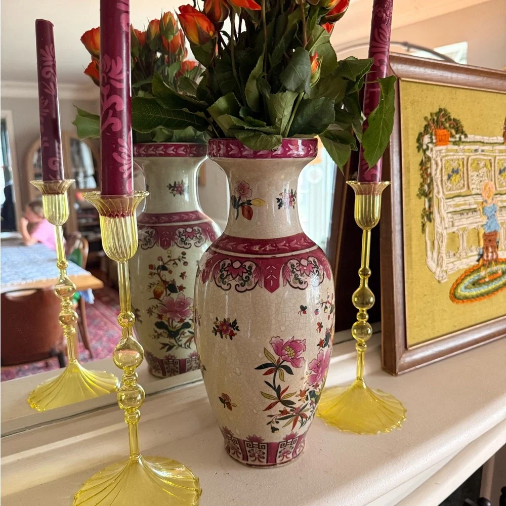 Vintage Cream and Pink Floral Ceramic Vase - Decorative Home Accent
